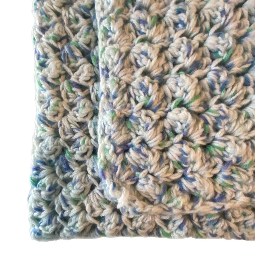 Hand Crocheted Afghan Throw Lap Blanket Blue/White (with Specks of Green)
